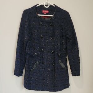 Merona Women's Dark Blue And Black Textured Pea Coat With Leather